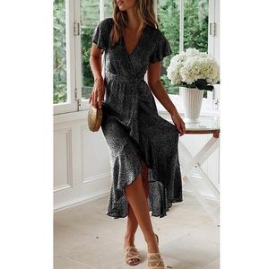 Floral Printed Wrap V Neck Short Sleeve Split Beach Party Midi Dress Black